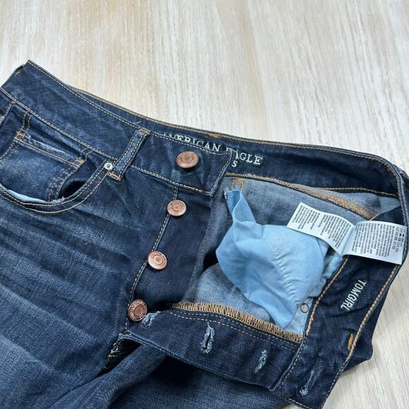 American Eagle Tomgirl Distressed Raw Hem Dark Wash Super Stretch Denim Jeans 6 - Picture 5 of 15